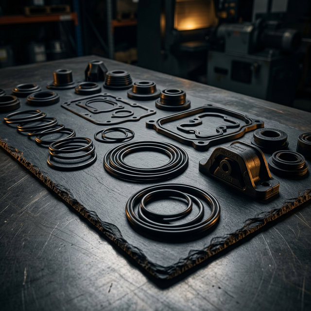 Industrial rubber components laid out on a workbench